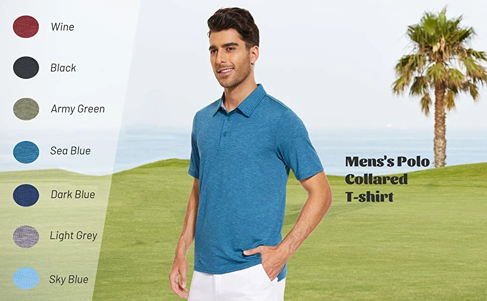 5% off Men′s Short Sleeve Polo Golf Shirts 3-Button Moisture Wicking Athletic T-Shirts Casual Collared Shirt