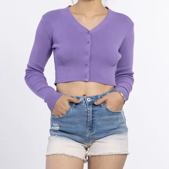 Chemises décontractées pour femmes à manches longues en coton côtelé en tricot violet personnalisé